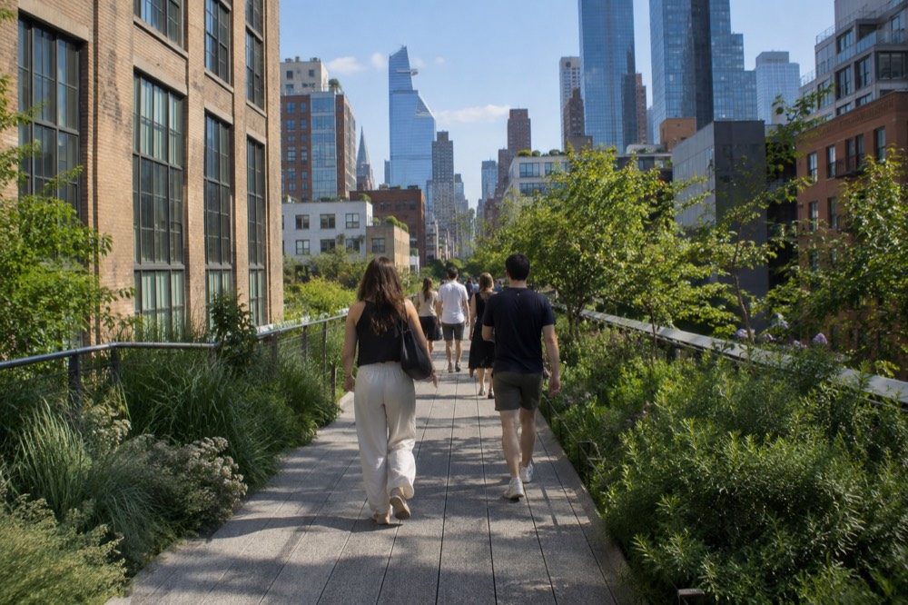 People strolling along an elevated park path between green plantings and city buildings
