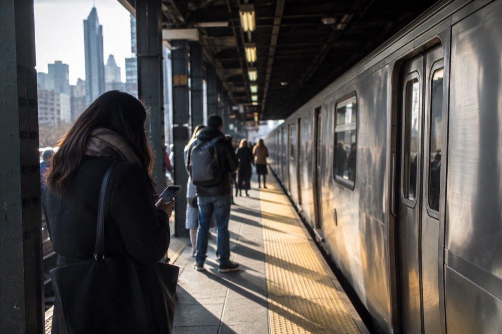 A subway platform with a waiting train and a few passengers holding phones