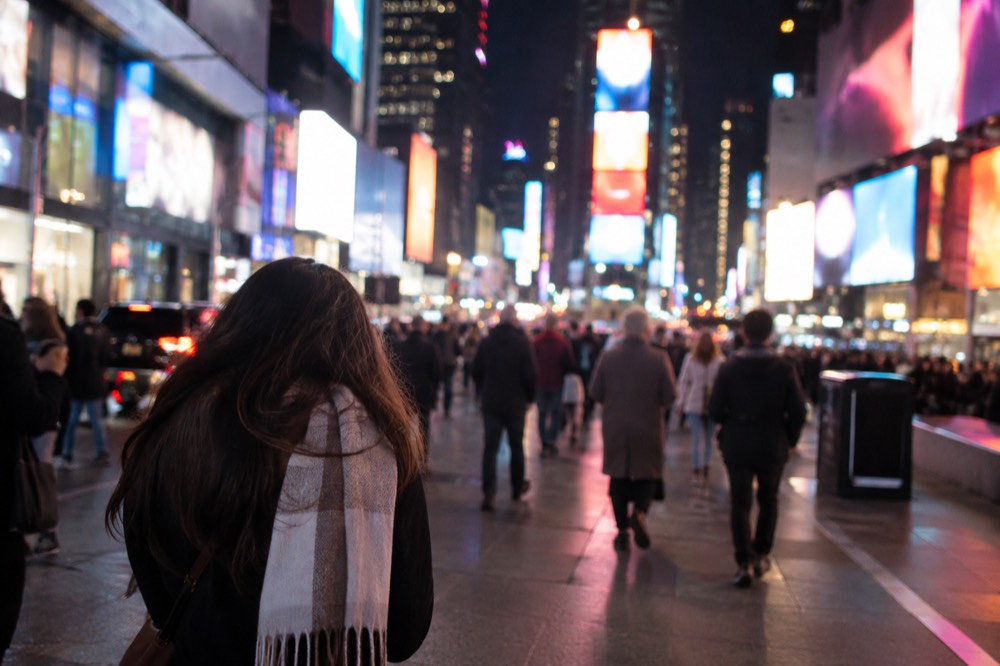 Times Square at night with illuminated billboards reflecting off wet pavement and crowds on the sidewalk