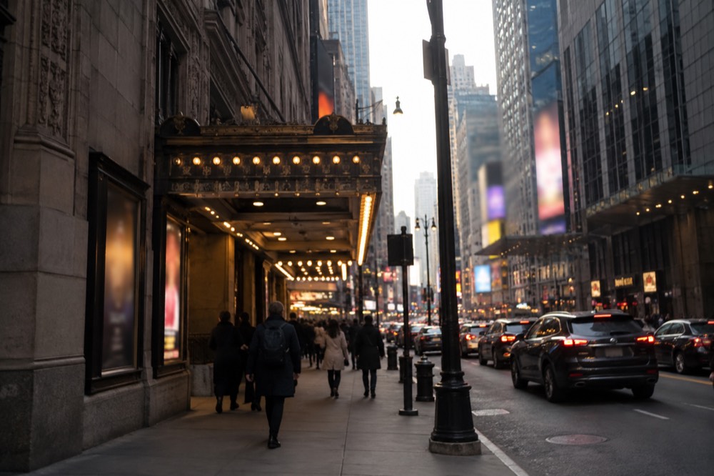 A Broadway theater marquee glowing under streetlights on a busy Midtown block