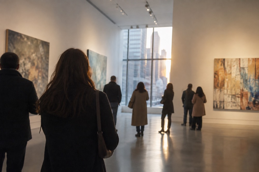 Visitors viewing paintings in a brightly lit museum gallery in the evening