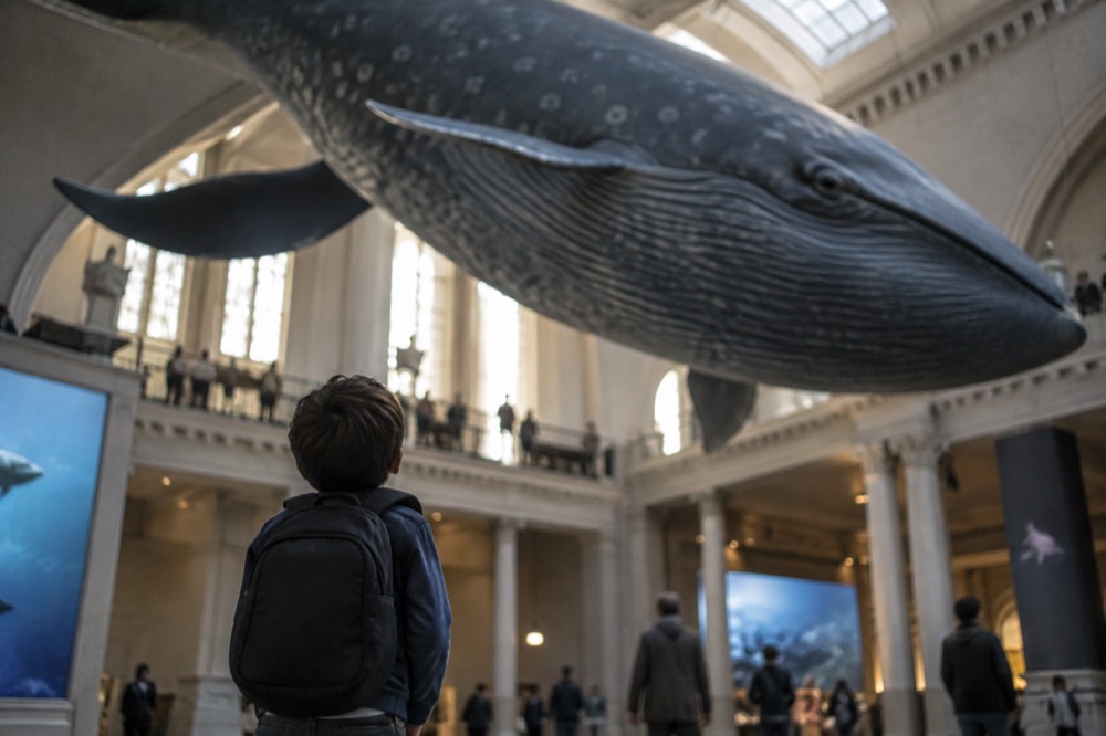 A child looking up at a large suspended whale model in a museum hall