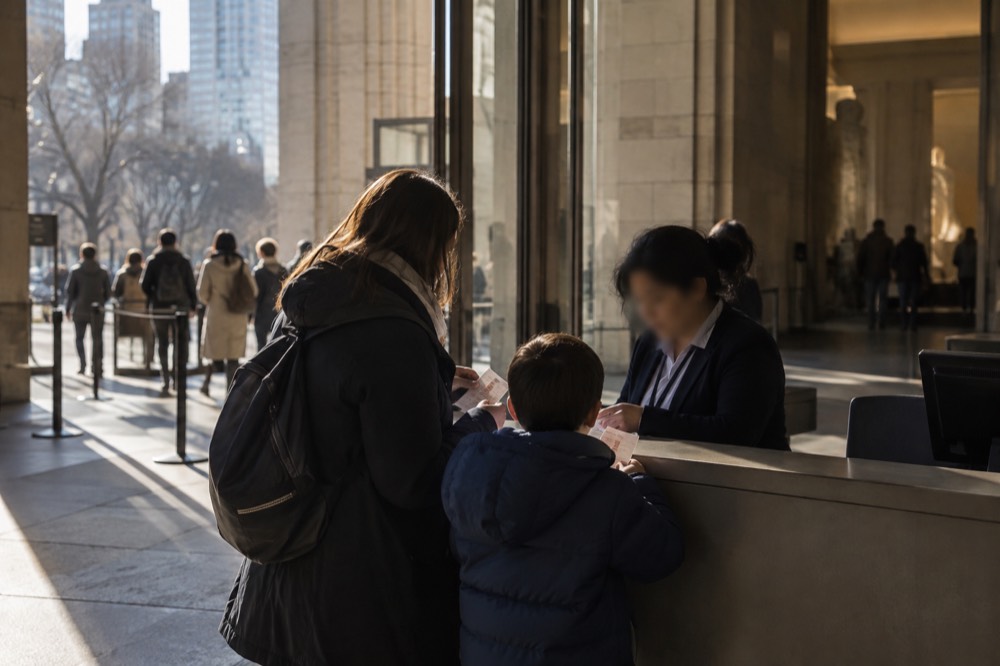 A parent and child comparing tickets at a museum entrance counter