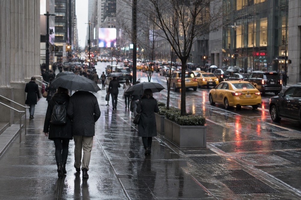 People sharing umbrellas walking along a wet city street with yellow taxis