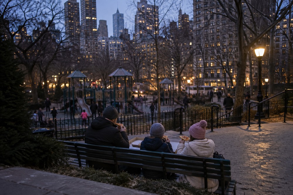 A family sitting on a bench eating slices of pizza beside a park playground