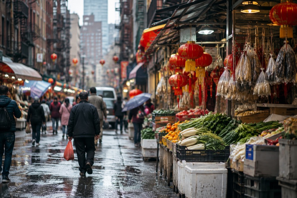 A narrow Chinatown street lined with produce stalls and hanging shop signs