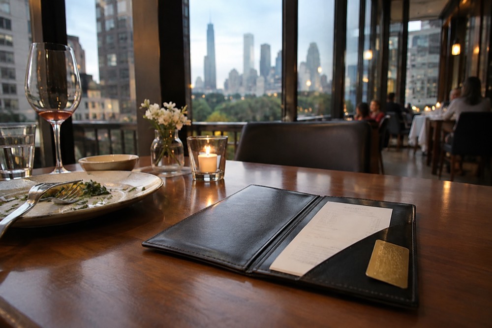A check presented in a leather folder on a restaurant table in Manhattan