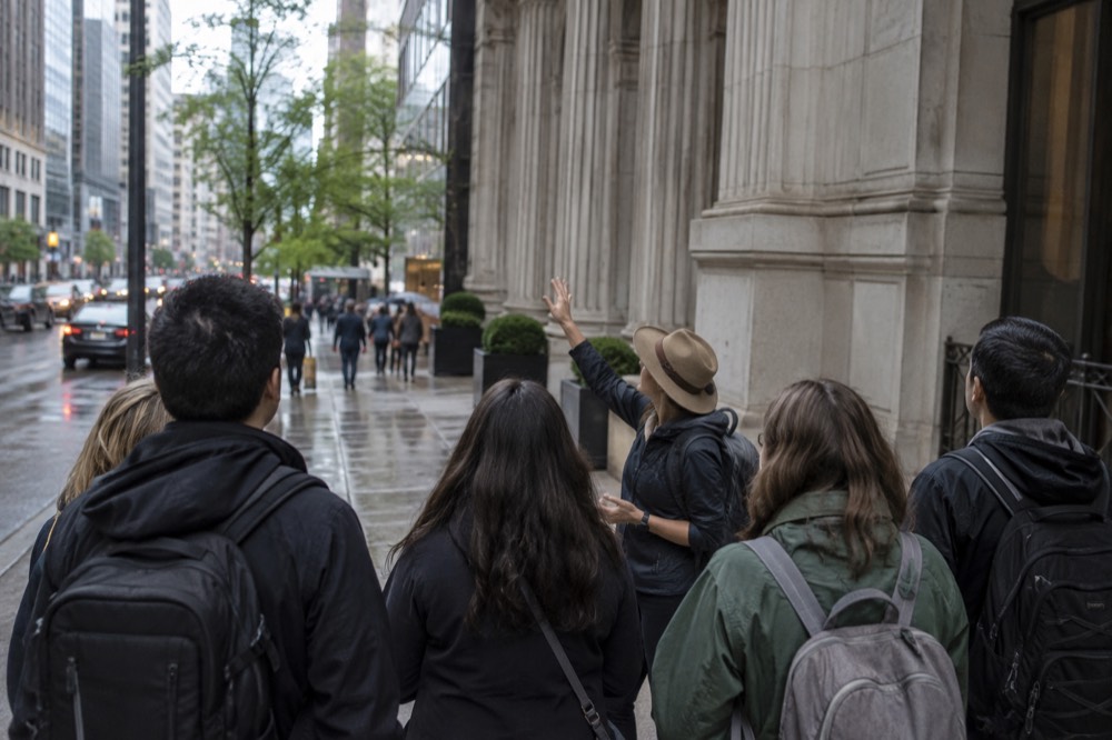 A walking tour guide gesturing toward a building while a small group listens on a New York sidewalk