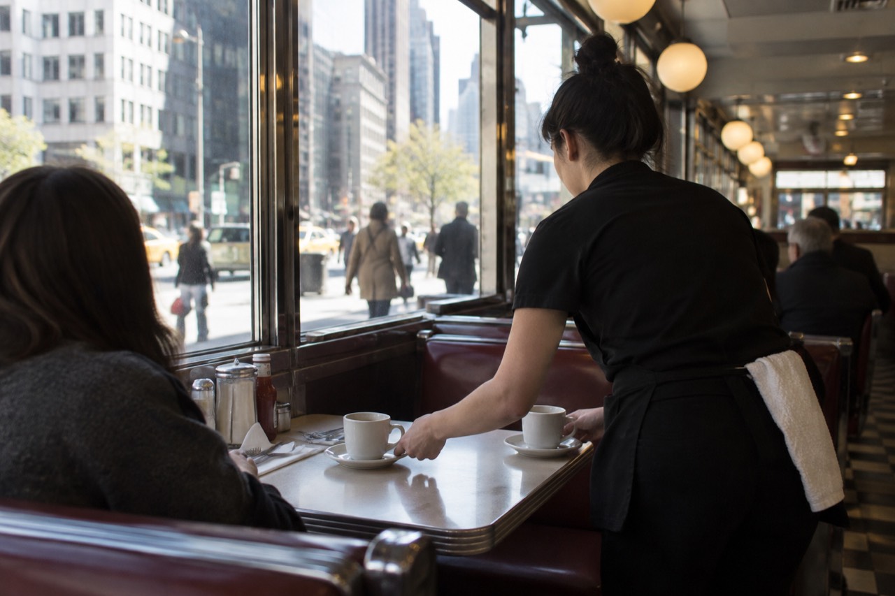 A server setting down coffee cups on a small New York diner table