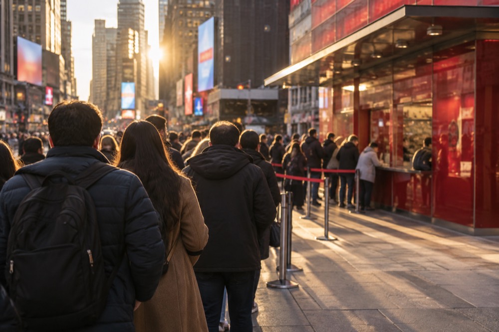 A queue of visitors waiting at a red TKTS ticket window in the late afternoon