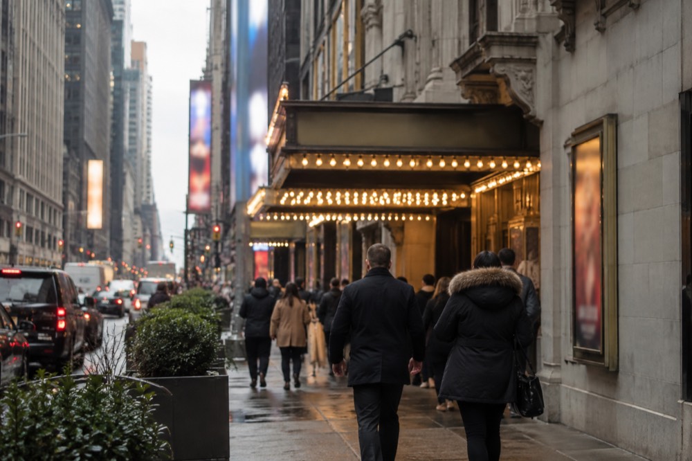 A Broadway theatre marquee lit up at night with crowds on the sidewalk below