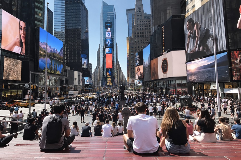 Visitors sitting on the red TKTS steps in Duffy Square as Broadway lights glow behind them