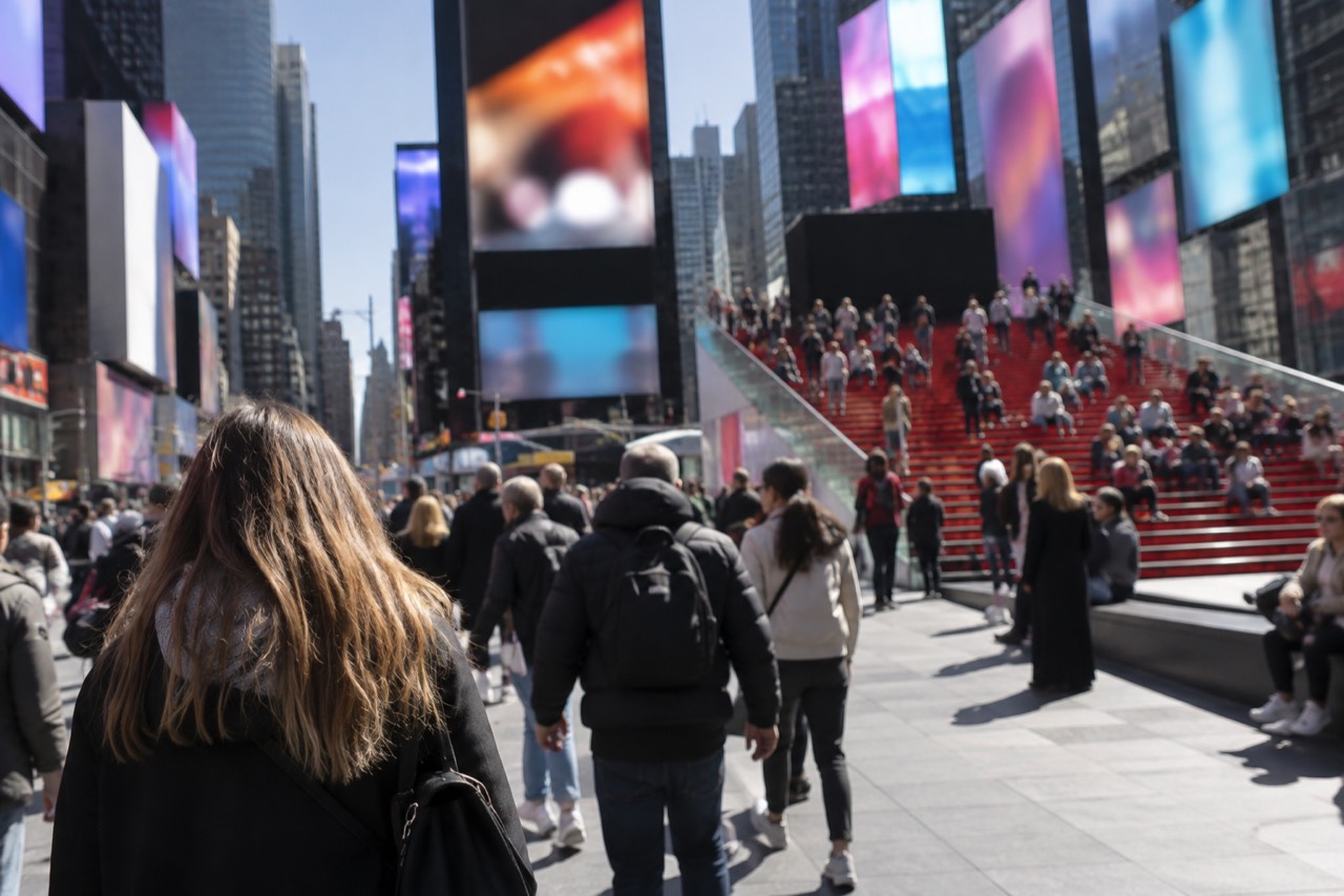 The red TKTS booth steps in Times Square under the glowing Broadway billboards at dusk