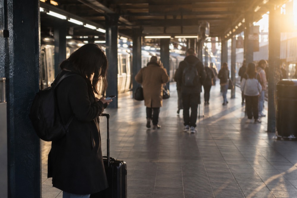 A traveler with a rolling suitcase checking a phone inside a subway station