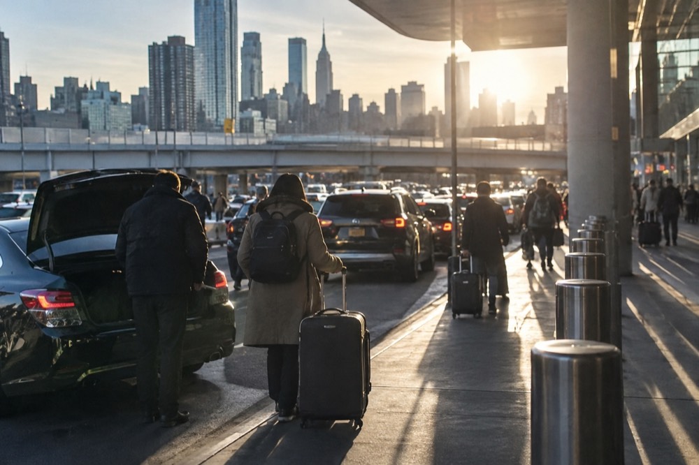 An airport rideshare pickup zone with cars lined up and travelers with luggage