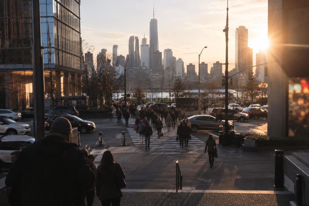 A pedestrian crosswalk on a busy Manhattan street with the skyline behind