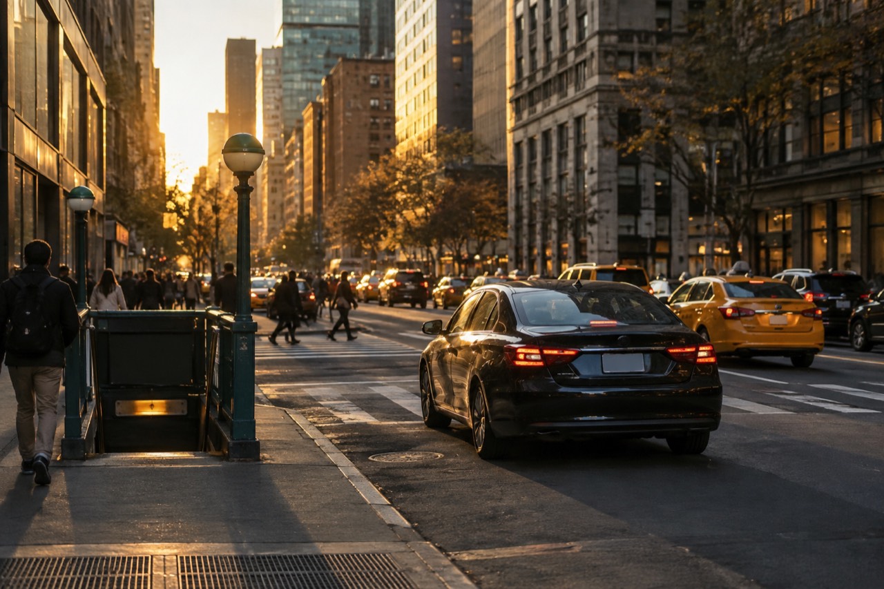 A rideshare car waiting at a Manhattan crosswalk with yellow taxis and a subway entrance behind it
