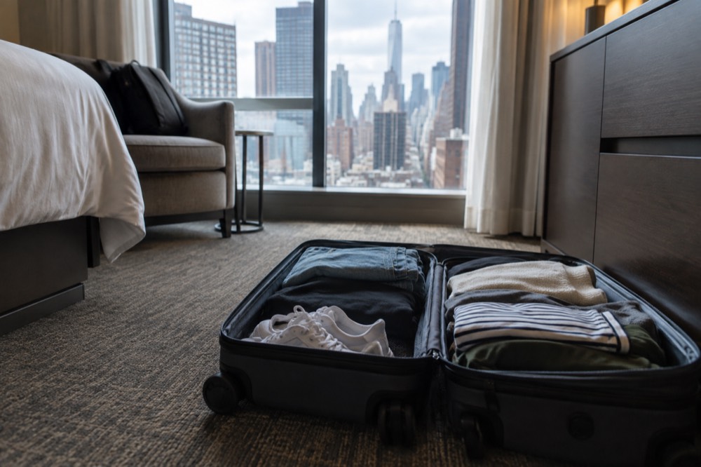 A packed suitcase open on a hotel room floor with folded clothes and walking shoes