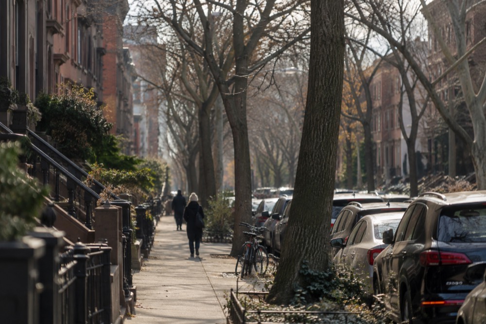 A tree-lined residential street in Brooklyn with brownstones and parked cars