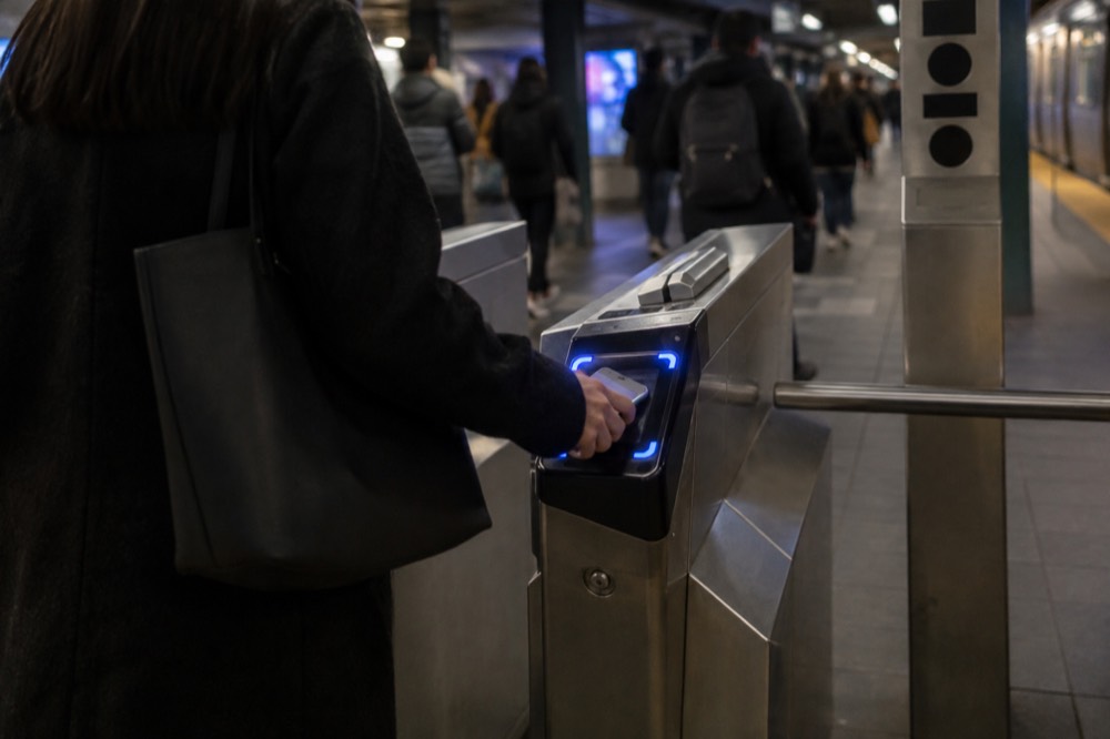 A reader tapping a phone on an OMNY turnstile reader in a subway station