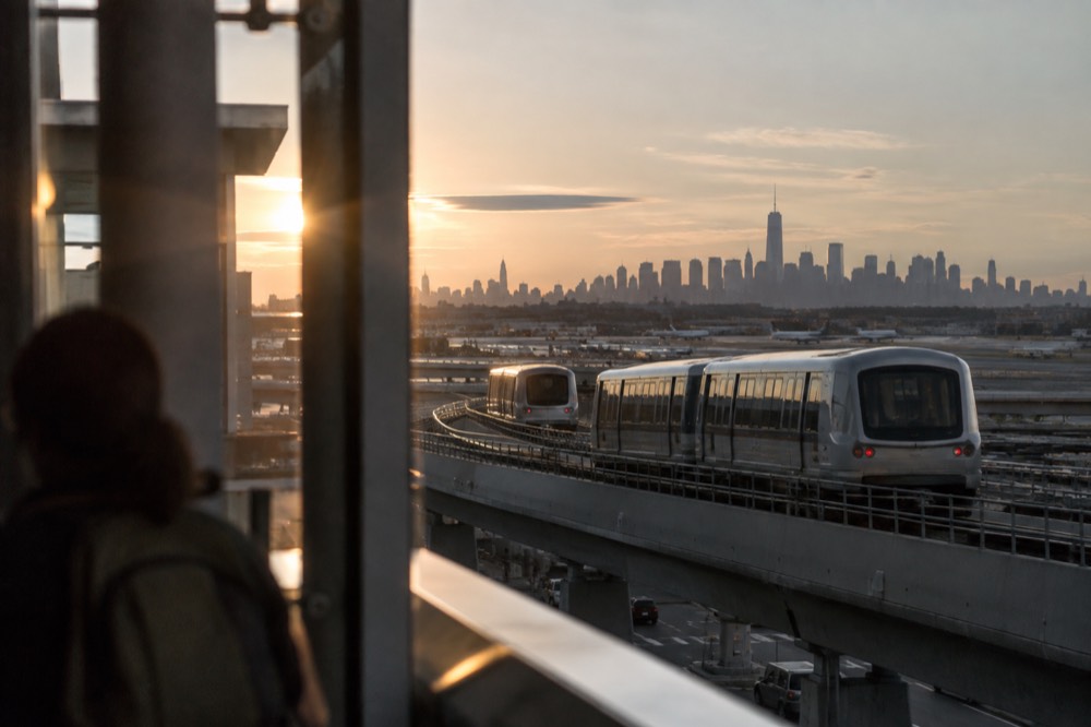 AirTrain cars at a JFK airport station with the Manhattan skyline far in the distance