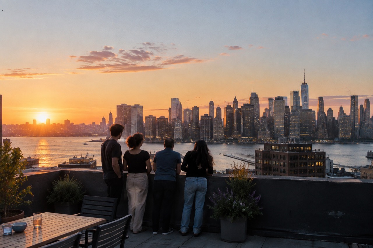Manhattan skyline at dusk seen across the Hudson River from a Brooklyn rooftop