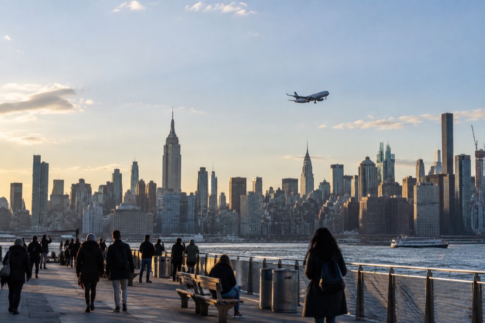An airplane descending over the New York skyline toward a nearby airport