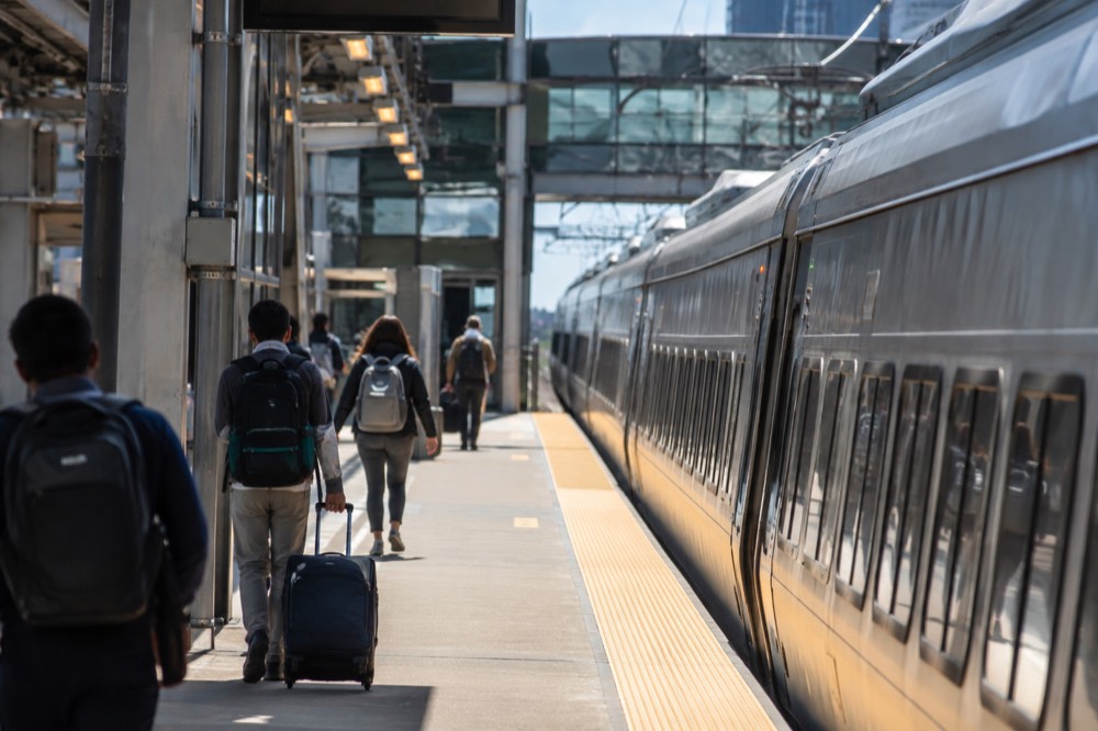 A NJ Transit train at the Newark Liberty Airport station platform