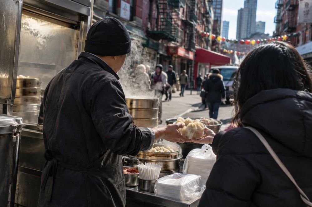 A street food vendor handing dumplings to a customer in Chinatown in Manhattan