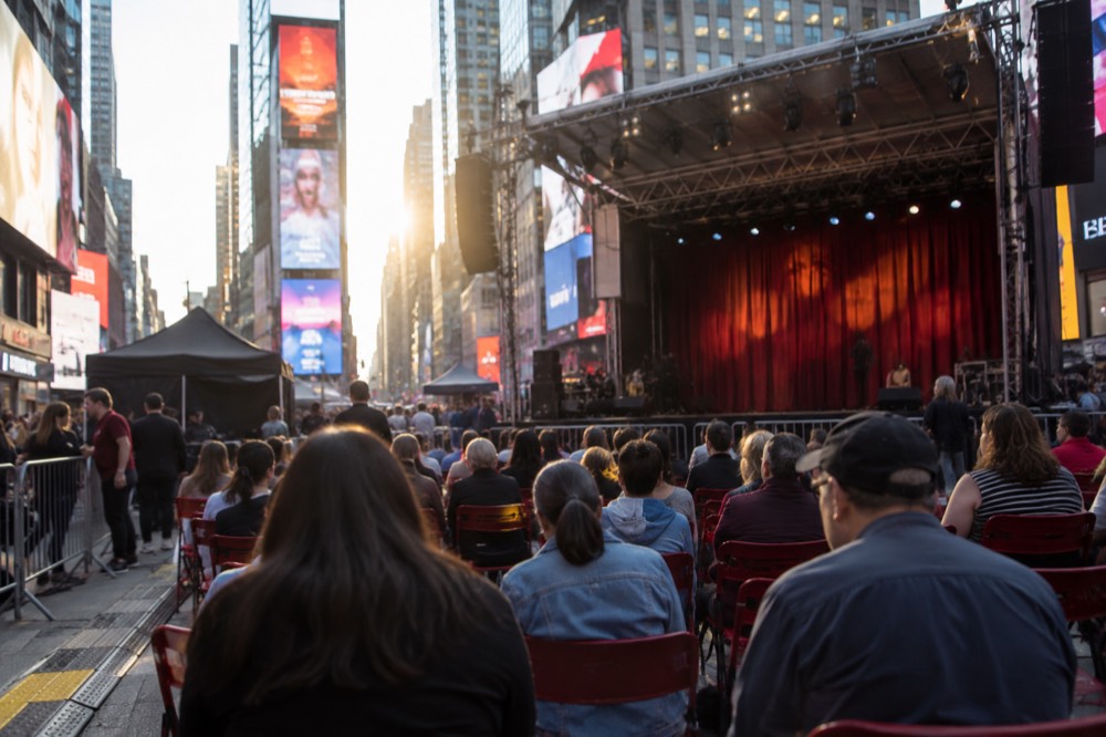 Rows of red theater seats facing an illuminated Broadway stage curtain
