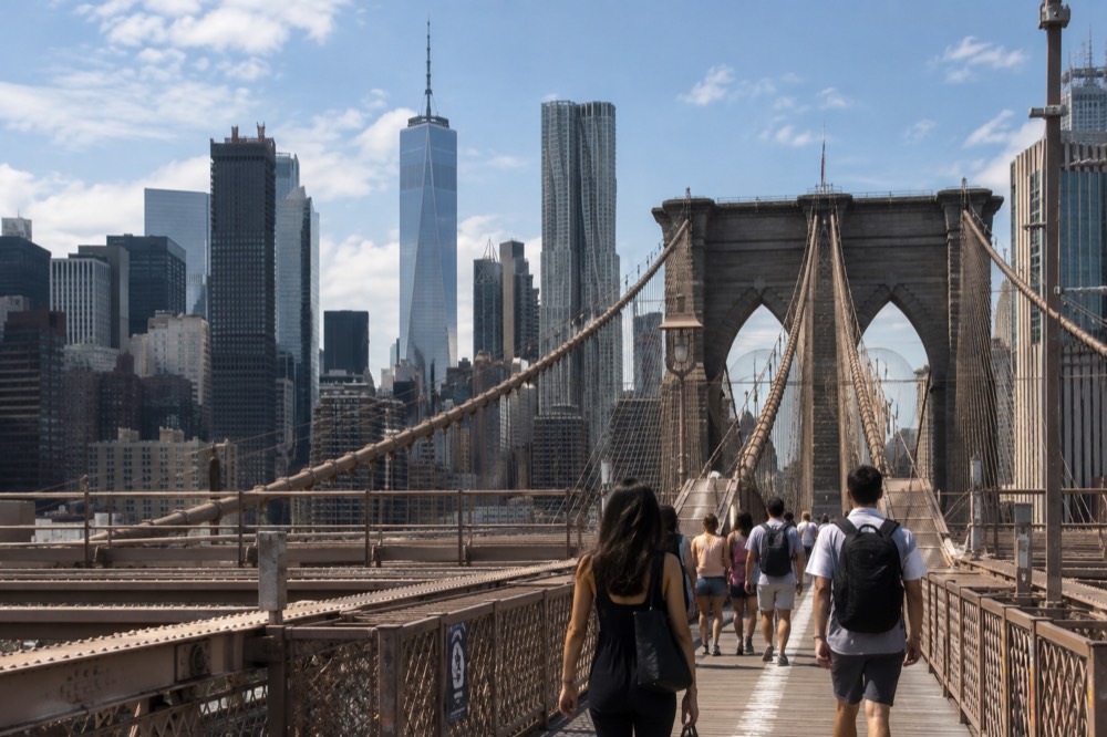 Looking uptown from the Brooklyn Bridge promenade at mid-morning, with the Manhattan skyline rising behind the bridge cables