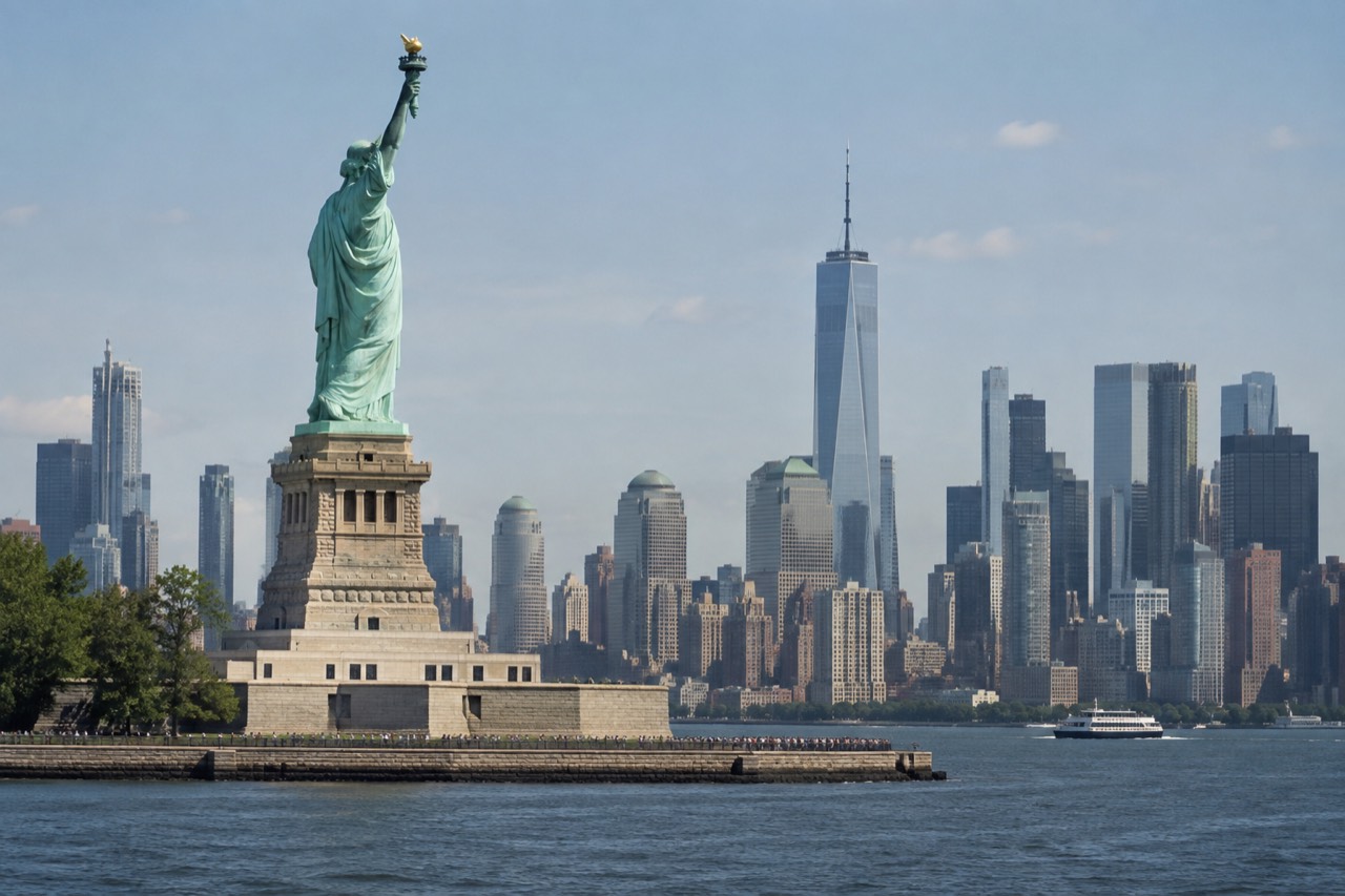 The Manhattan skyline seen from the water at midday, with the Statue of Liberty in the foreground