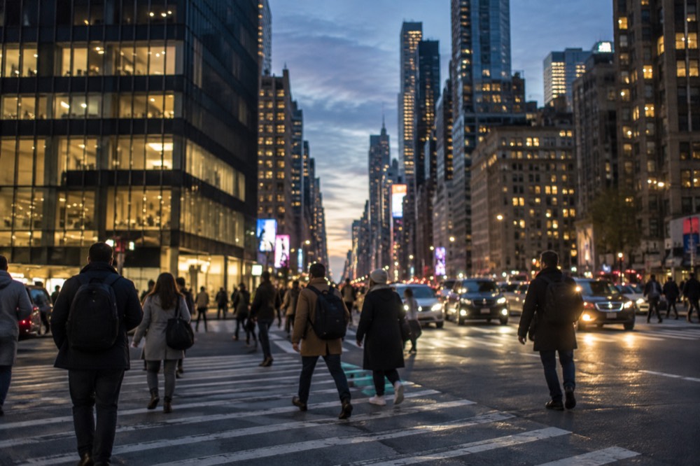Visitors walking across a busy Midtown Manhattan avenue with skyscrapers on both sides