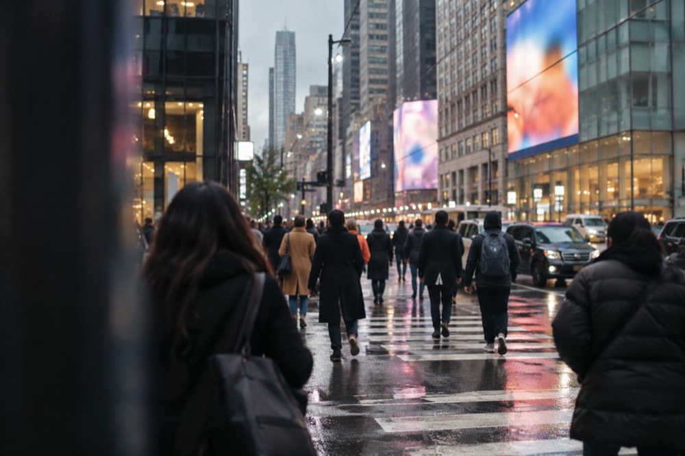 Crowds of pedestrians crossing a wide street beneath large illuminated billboards at night
