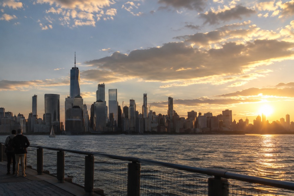 The Manhattan skyline seen from across the Hudson River at golden hour
