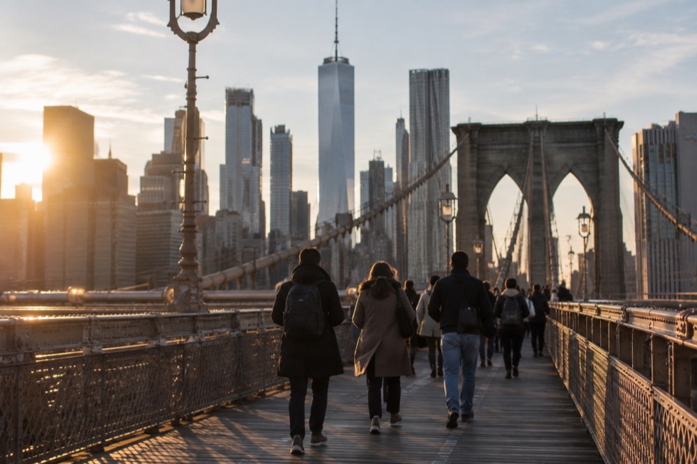 The Brooklyn Bridge walkway with the Manhattan skyline behind it on a clear morning