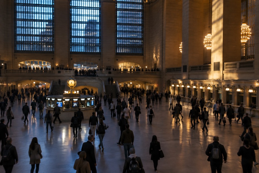 The main concourse of Grand Central Terminal with sunlight falling on the ticket booths
