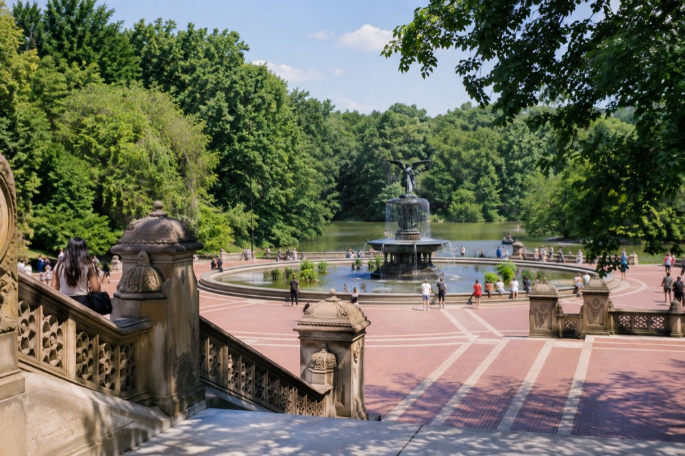 Bethesda Terrace and its fountain in Central Park on a sunny morning