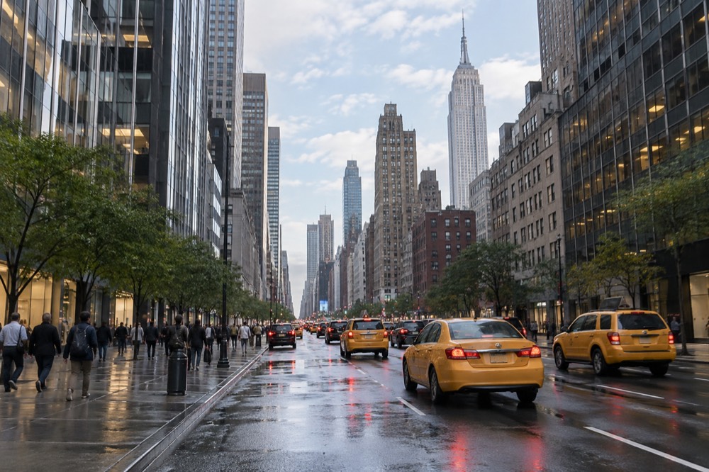 A wide avenue in Midtown Manhattan with yellow taxis and tall buildings on both sides.