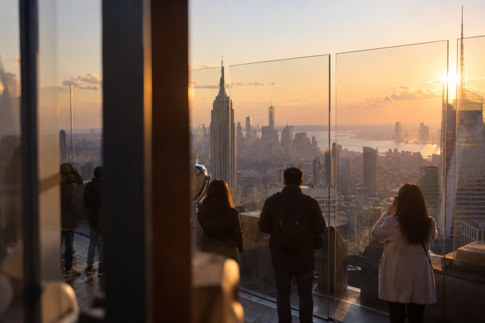 A glassy observation deck high above Midtown with visitors looking out over the city.