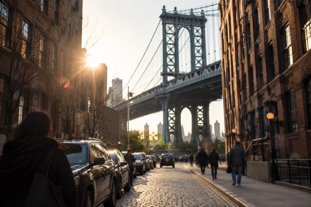 A cobblestone street in Dumbo with the Manhattan Bridge rising over the buildings.