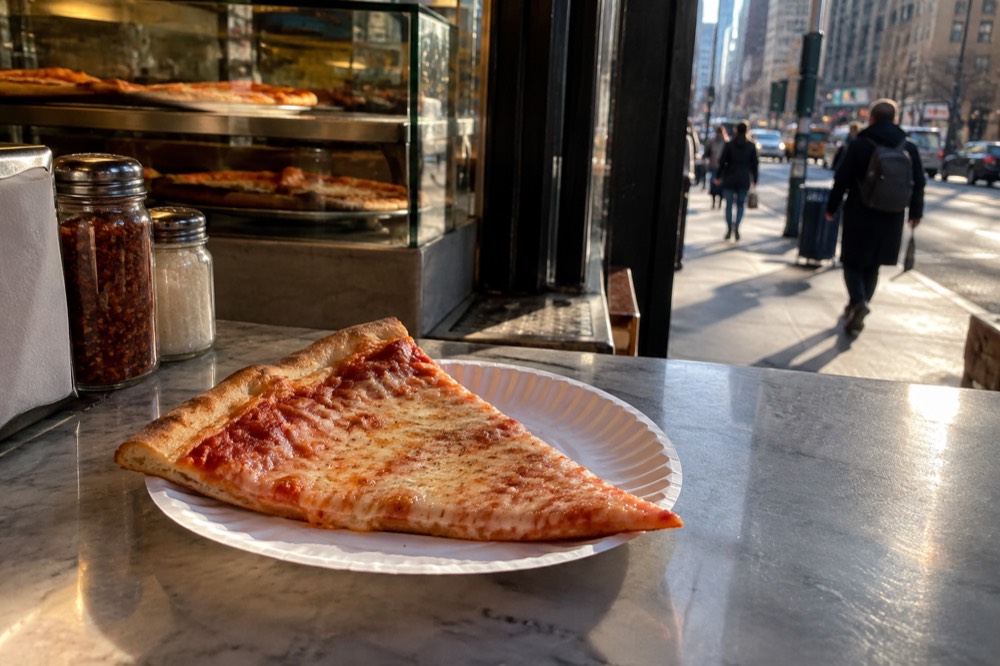 A slice of pizza on a paper plate on a counter in a small New York shop.