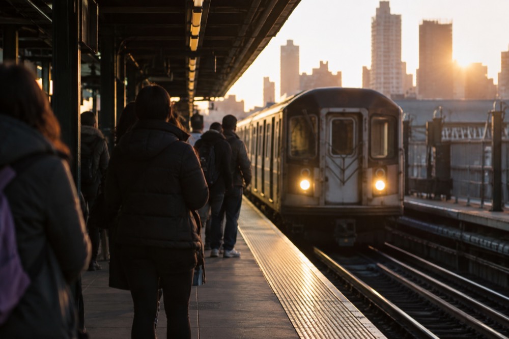 A subway platform in New York with a train arriving and passengers waiting.