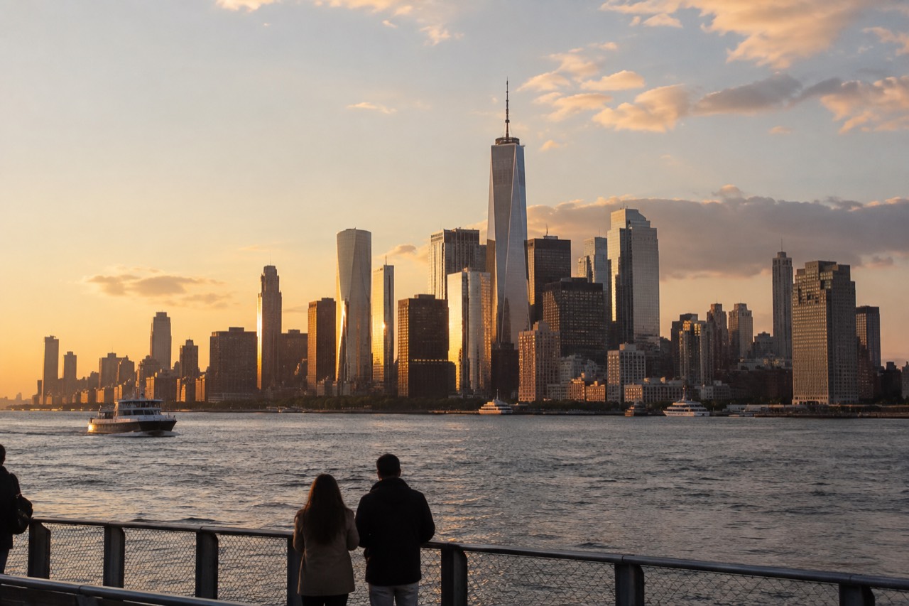 The Manhattan skyline seen across the water at golden hour, with skyscrapers catching warm light.