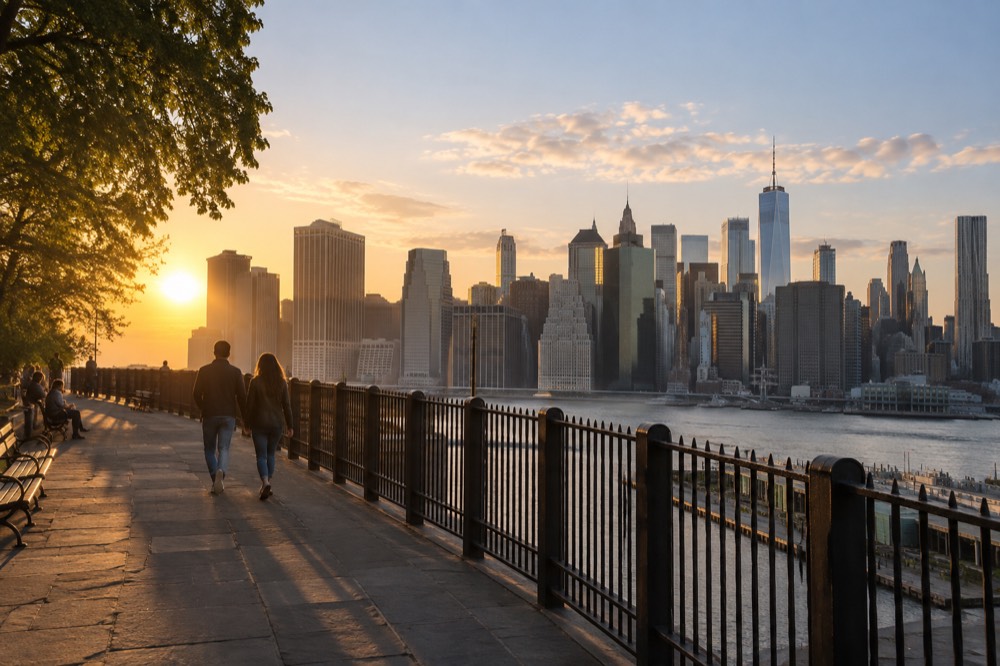 The Manhattan skyline seen from the Brooklyn Heights promenade at golden hour
