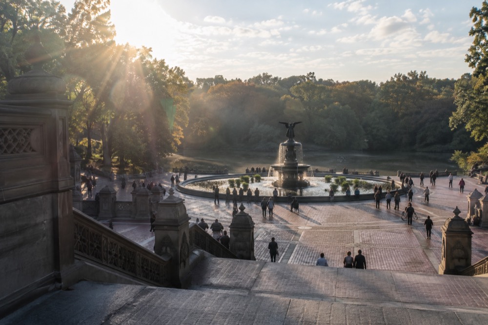 Bethesda Terrace and its fountain in Central Park on a bright morning