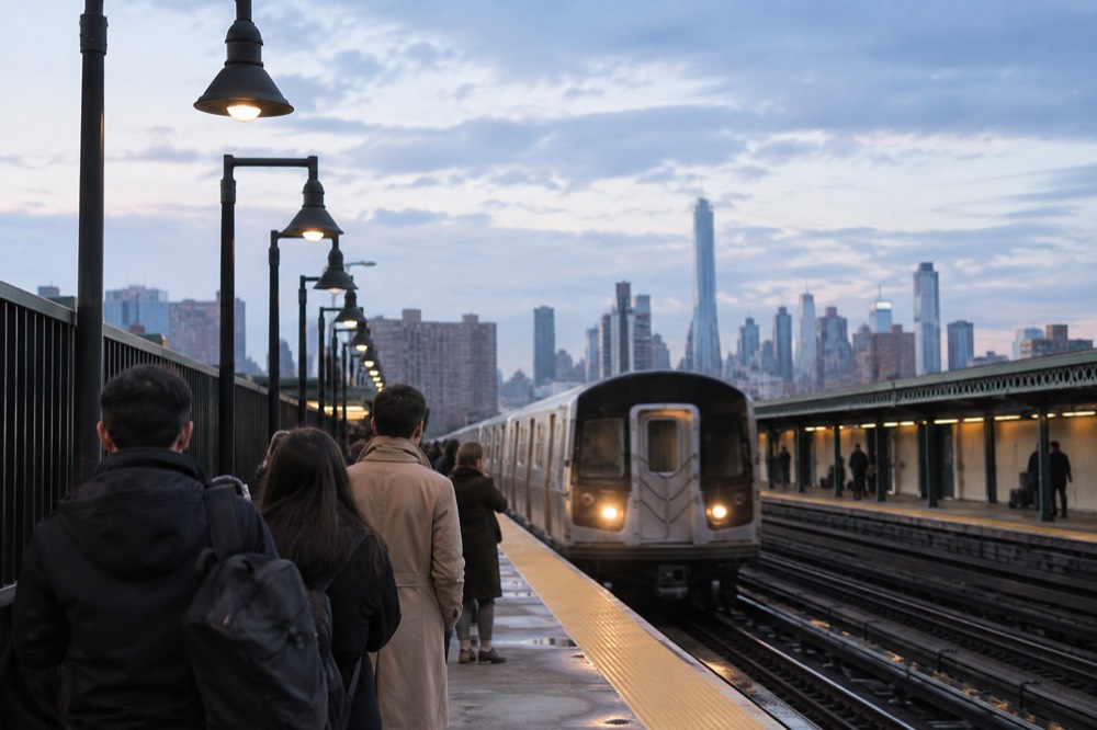 A subway platform in Manhattan with a train arriving and passengers waiting