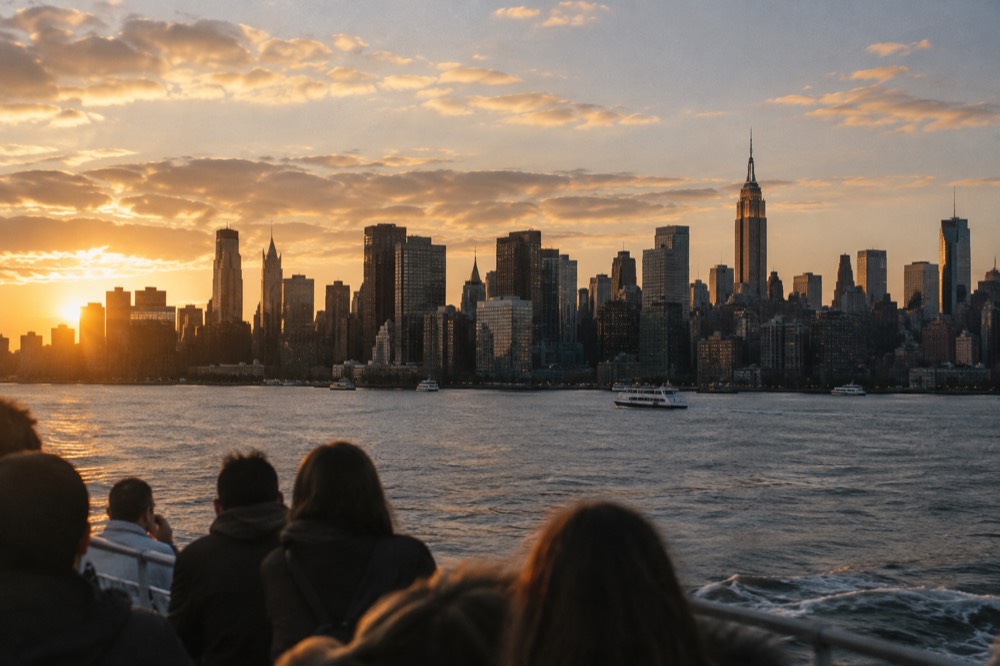 The Manhattan skyline seen from the water at golden hour, with the Empire State Building lit above the towers