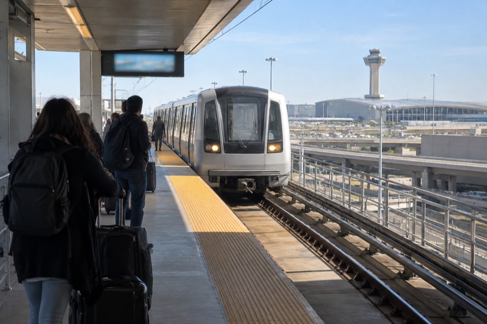 An AirTrain station platform at JFK airport with a train arriving and travelers waiting with luggage