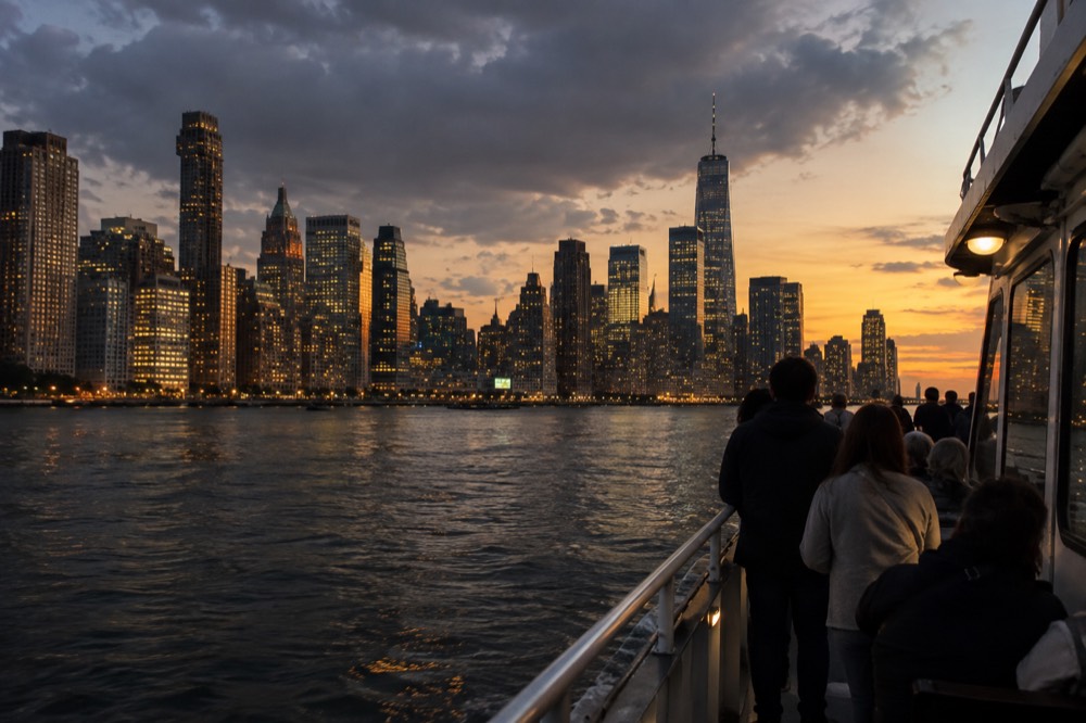 An evening cruise boat on the Hudson River with the illuminated Manhattan skyline behind it